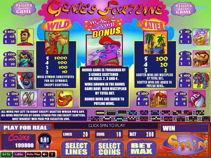 Genie's Fortune Wizard Gaming 5 Reel 20 Line