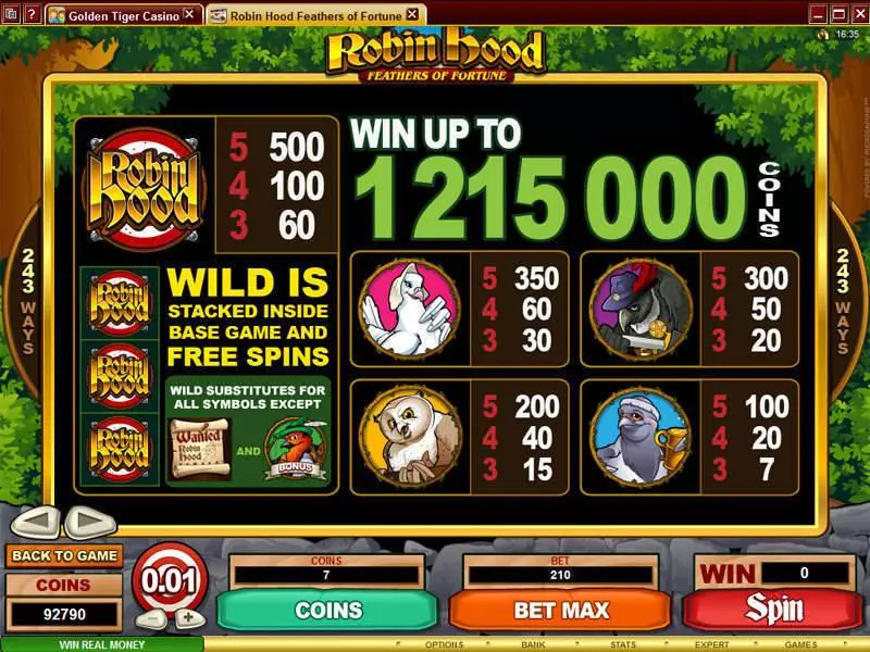 Robin Hood Feathers of Fortune Microgaming 5 Reel 243 Line